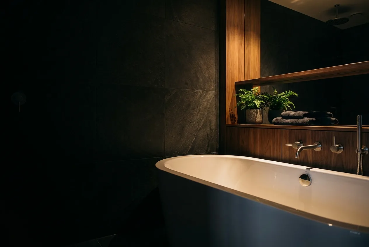 Freestanding refinished white bathtub in a dark, upscale bathroom